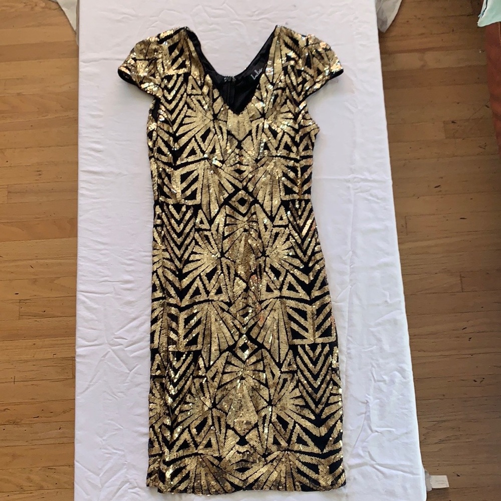 BOGO Lulus Elegant Affair Black & Gold Sequin Print Bodycon Dress - Picture 3 of 6